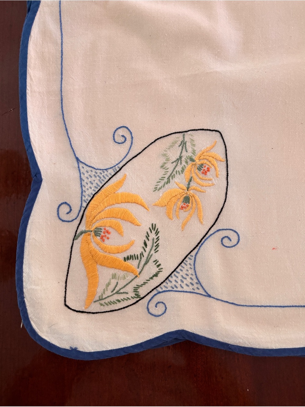 Vintage Embroidered Table Linen Yellow Floral with Blue Trim 49x48